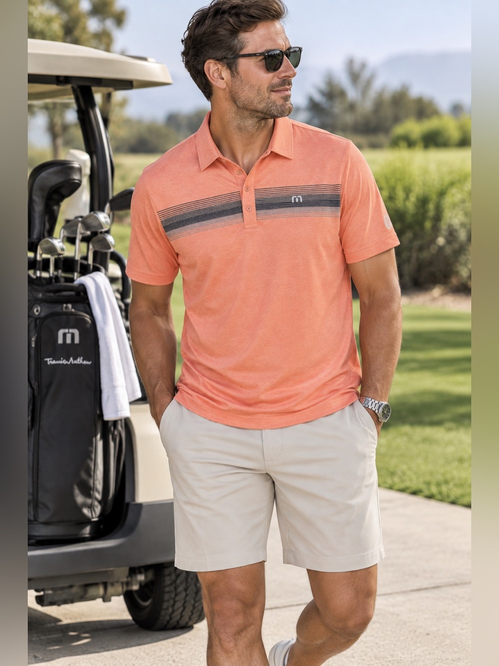 Travis Mathew Men’s Large Coral Orange Striped Pima Cotton Golf Polo Shirt